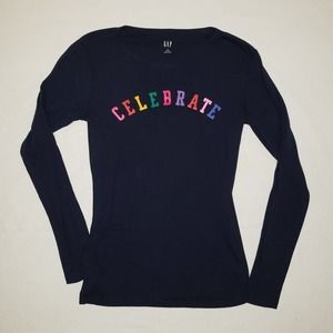Women's Small GAP Celebrate Long Sleeved Rainbow T-shirt Navy Blue